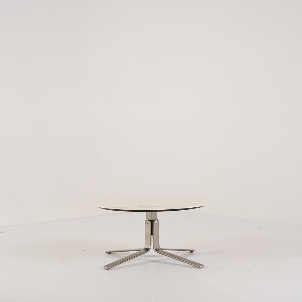 MOA Low Table by Ligne Roset in Chromed Base, White Marble-Effect Stoneware | Floor Sample – Very Good | Shop Now | MO-LIR-19501200-1157-Hero Image-5