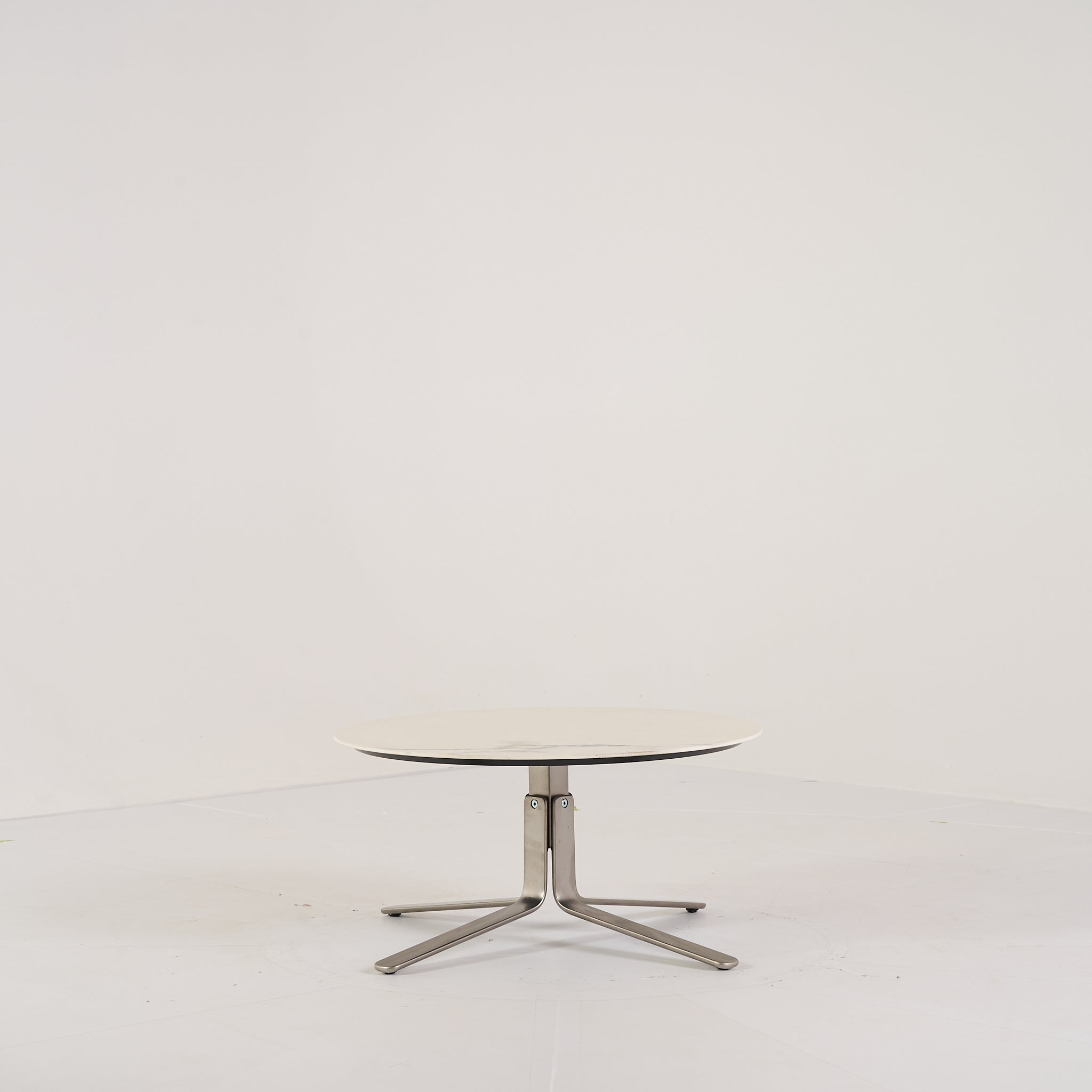 MOA Low Table by Ligne Roset in Chromed Base, White Marble-Effect Stoneware | Floor Sample – Very Good | Shop Now | MO-LIR-19501200-1157-Hero Image-5
