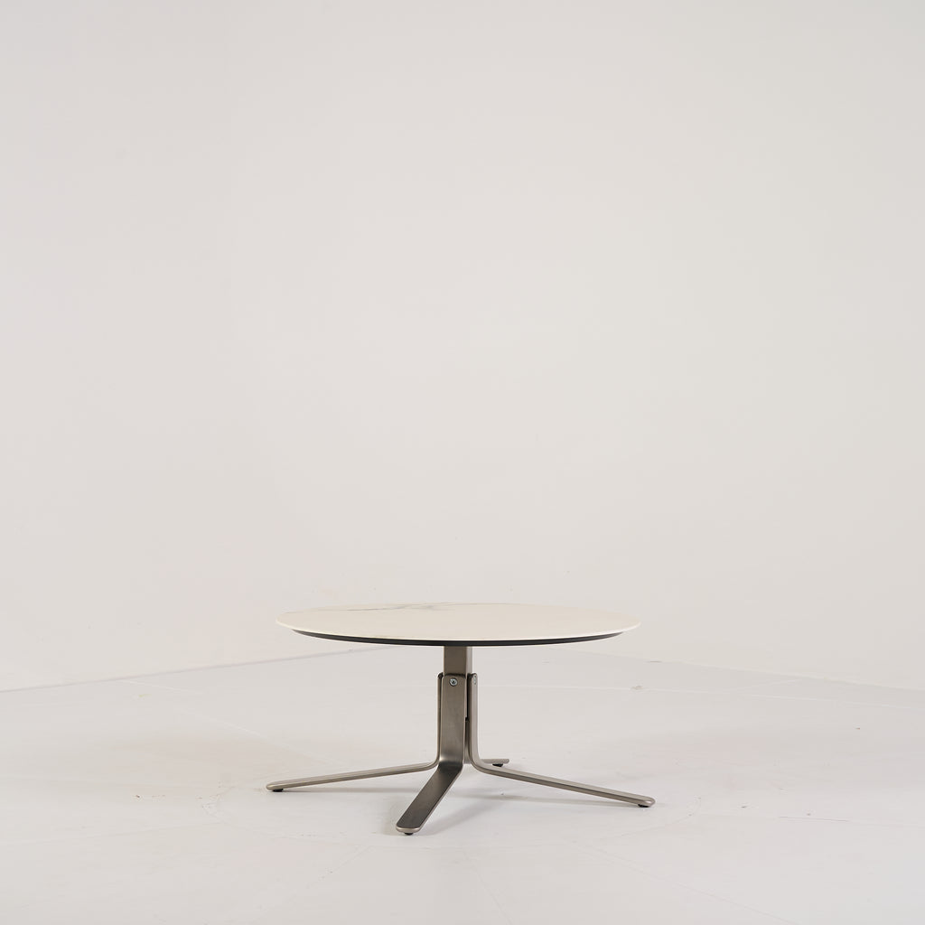 MOA Low Table by Ligne Roset in Chromed Base, White Marble-Effect Stoneware | Floor Sample – Very Good | Shop Now | MO-LIR-19501200-1157-Hero Image-2