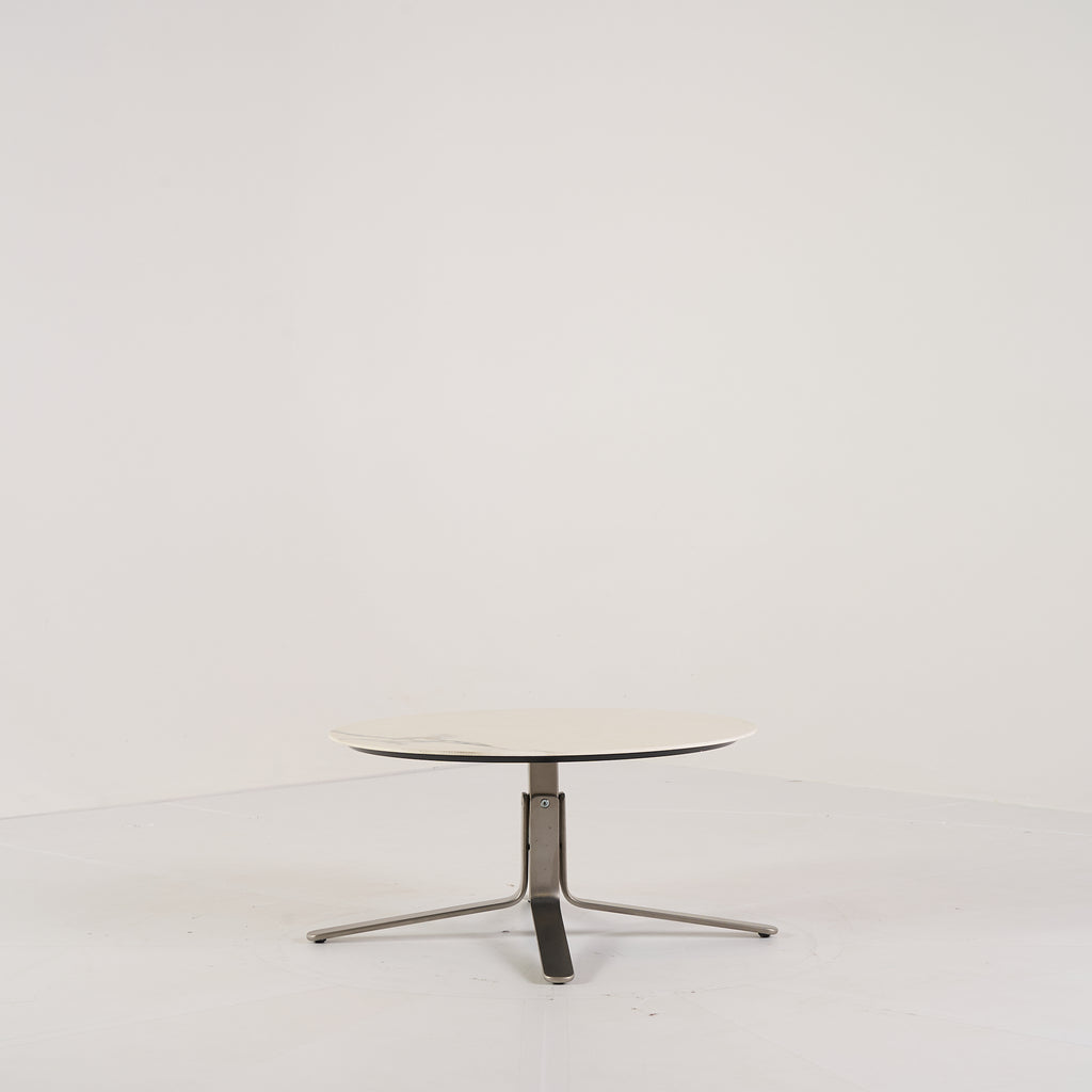 MOA Low Table by Ligne Roset in Chromed Base, White Marble-Effect Stoneware | Floor Sample – Very Good | Shop Now | MO-LIR-19501200-1157-Hero Image-4