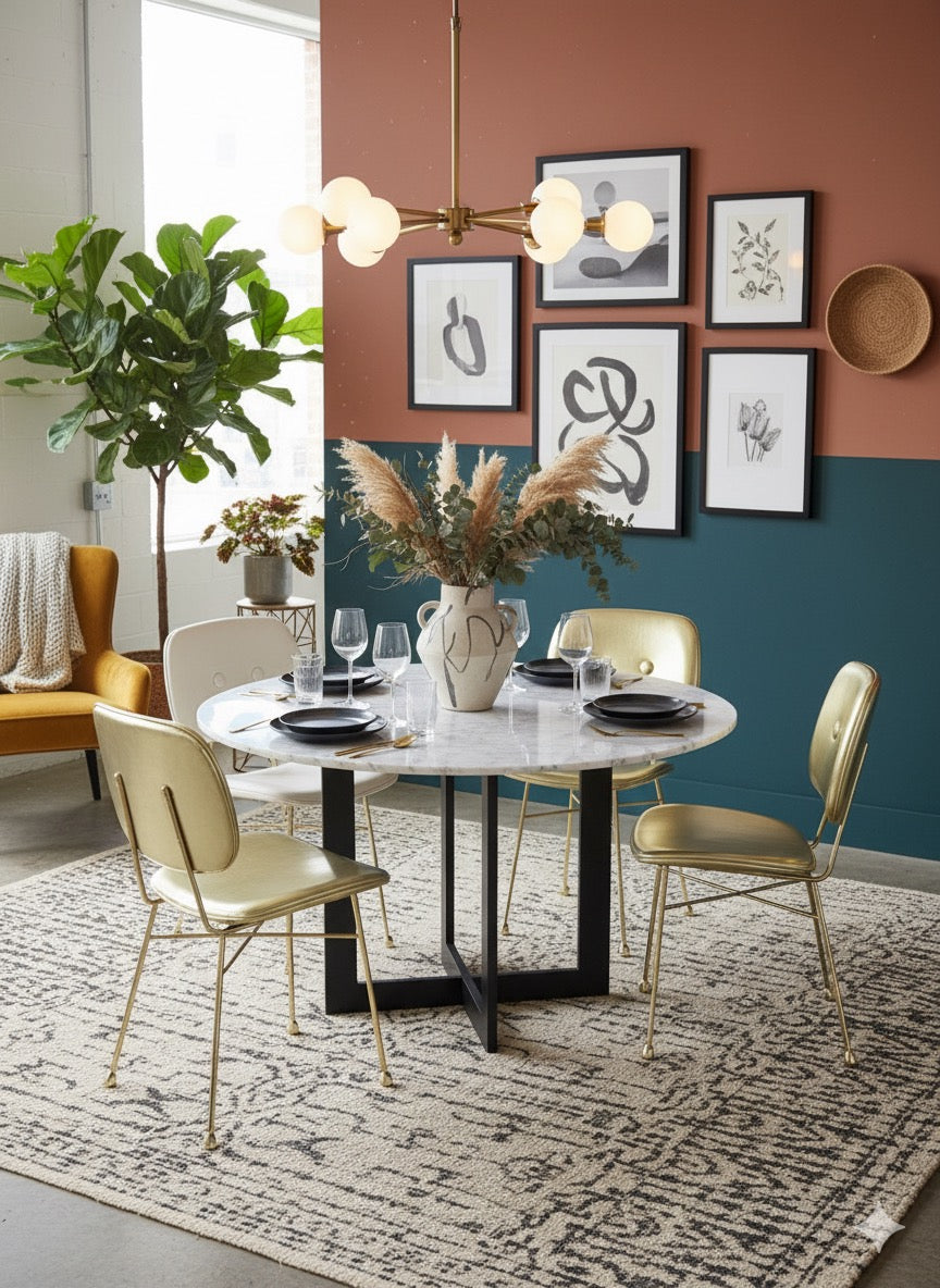 Dining room with a round table, chairs, and framed art on a two-tone wall.