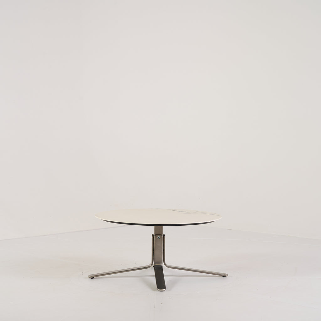 MOA Low Table by Ligne Roset in Chromed Base, White Marble-Effect Stoneware | Floor Sample – Very Good | Shop Now | MO-LIR-19501200-1157-Hero Image-7