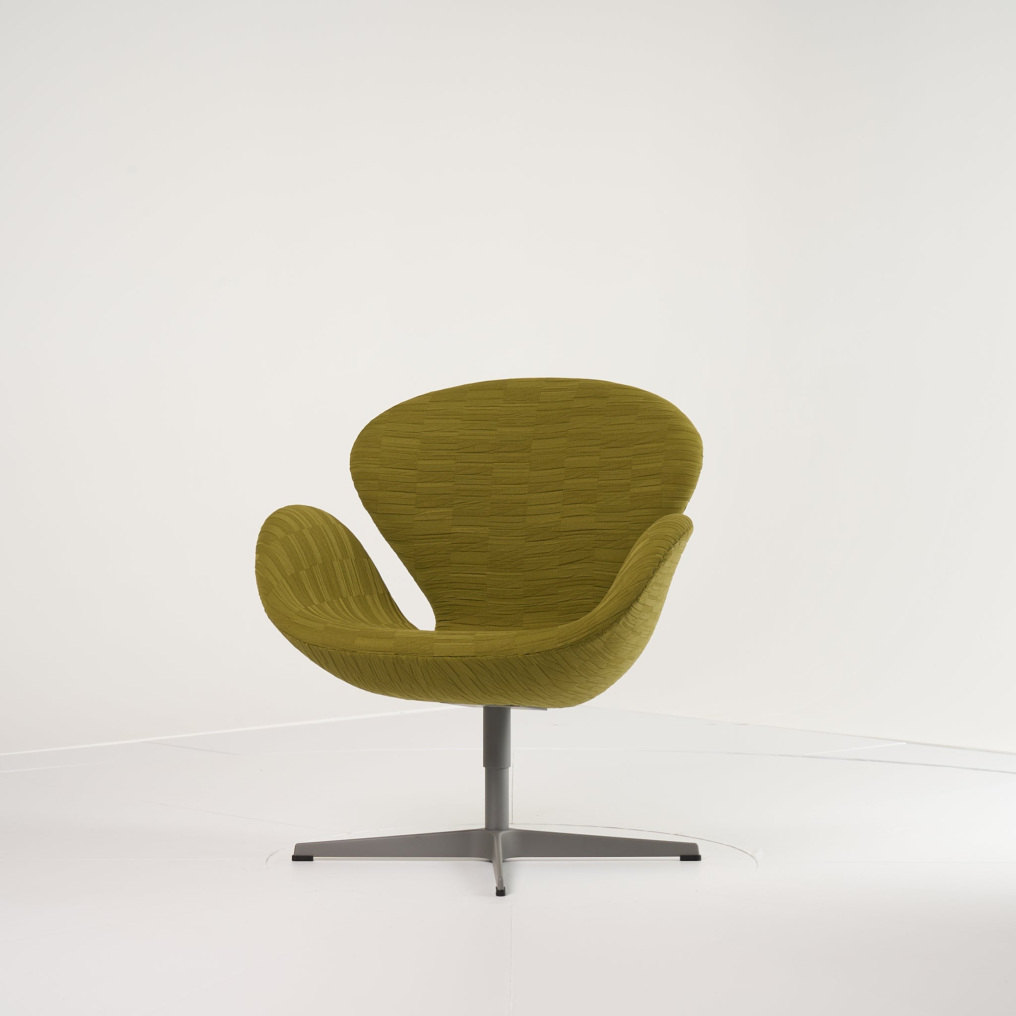 Swan Chair  by Fritz Hansen in Knoll Shadow Play Basil / Brushed Aluminum | Open Box – Excellent | Shop Now | MO-FHA-3320-28-Hero Image-6