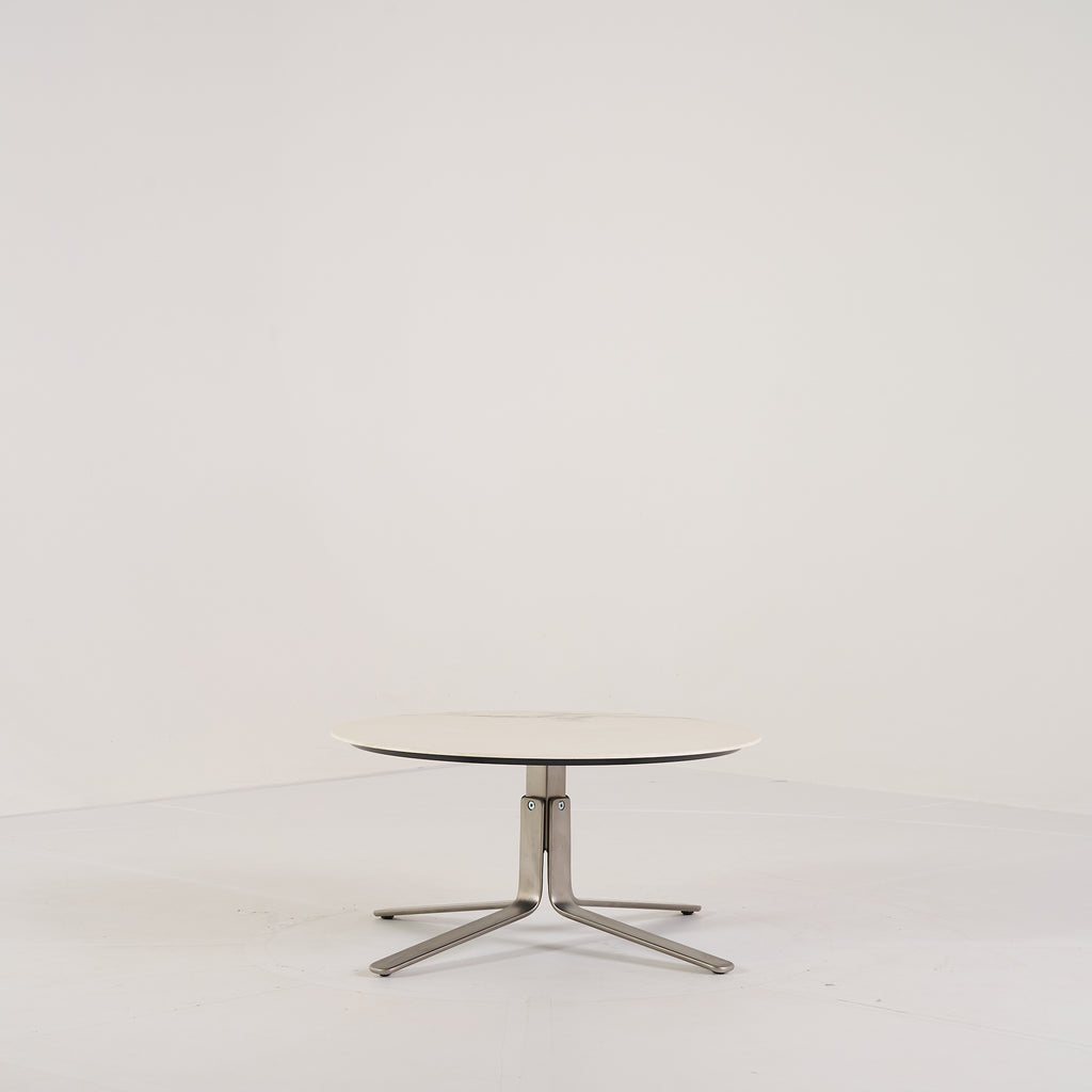 MOA Low Table by Ligne Roset in Chromed Base, White Marble-Effect Stoneware | Floor Sample – Very Good | Shop Now | MO-LIR-19501200-1157-Hero Image-1