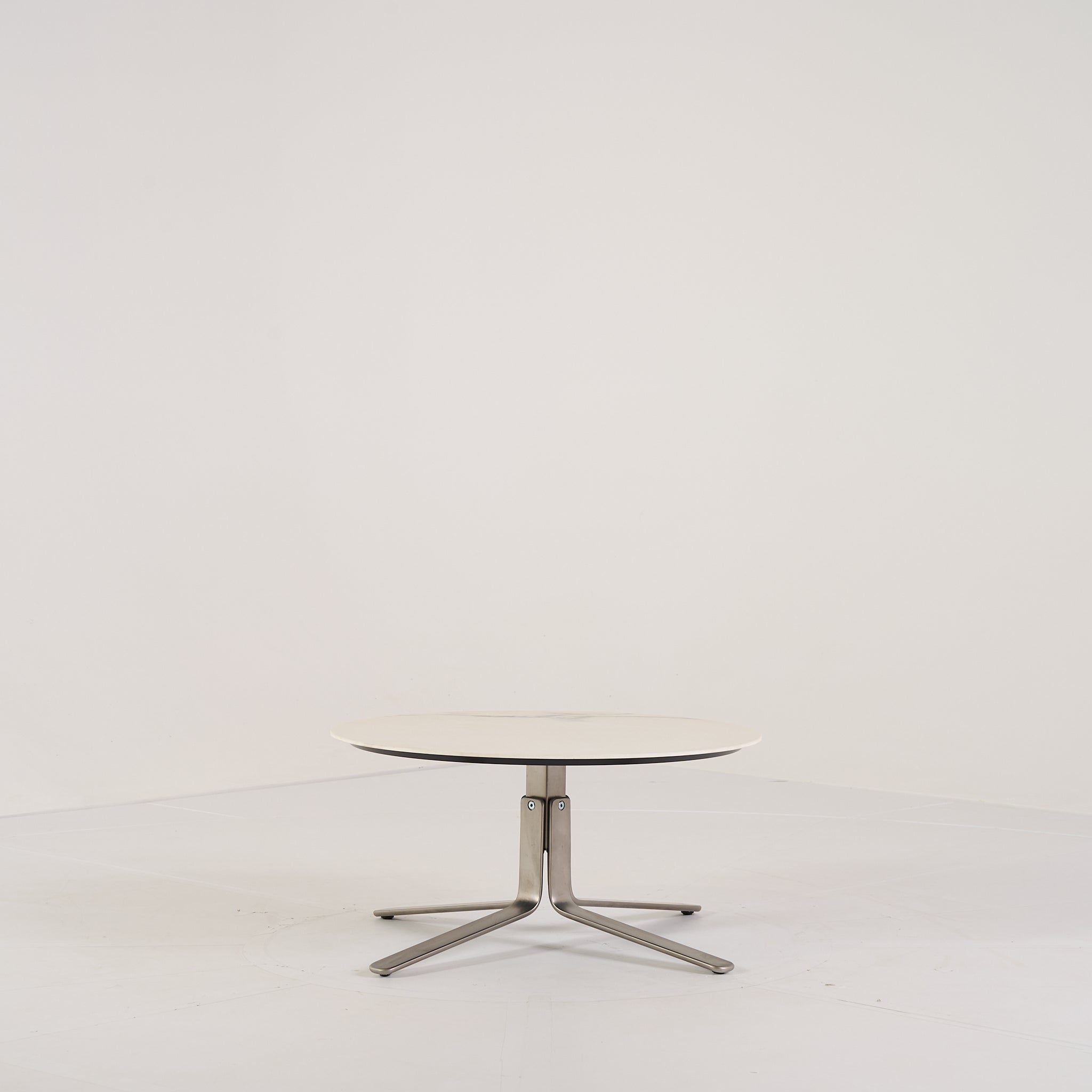MOA Low Table by Ligne Roset in Chromed Base, White Marble-Effect Stoneware | Floor Sample – Very Good | Shop Now | MO-LIR-19501200-1157-Hero Image-1