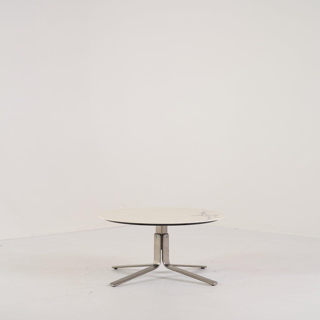 MOA Low Table by Ligne Roset in Chromed Base, White Marble-Effect Stoneware | Floor Sample – Very Good | Shop Now | MO-LIR-19501200-1157-Hero Image-6
