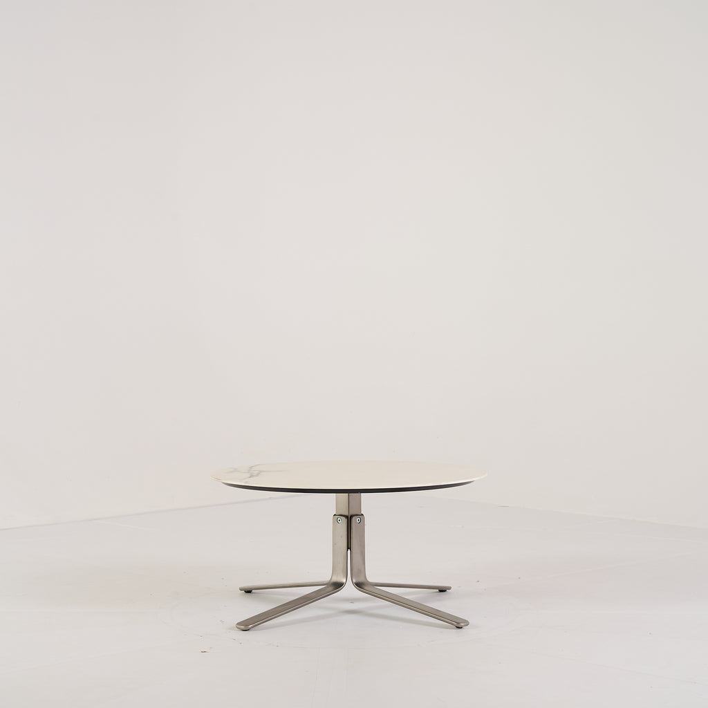 MOA Low Table by Ligne Roset in Chromed Base, White Marble-Effect Stoneware | Floor Sample – Very Good | Shop Now | MO-LIR-19501200-1157-Hero Image-3