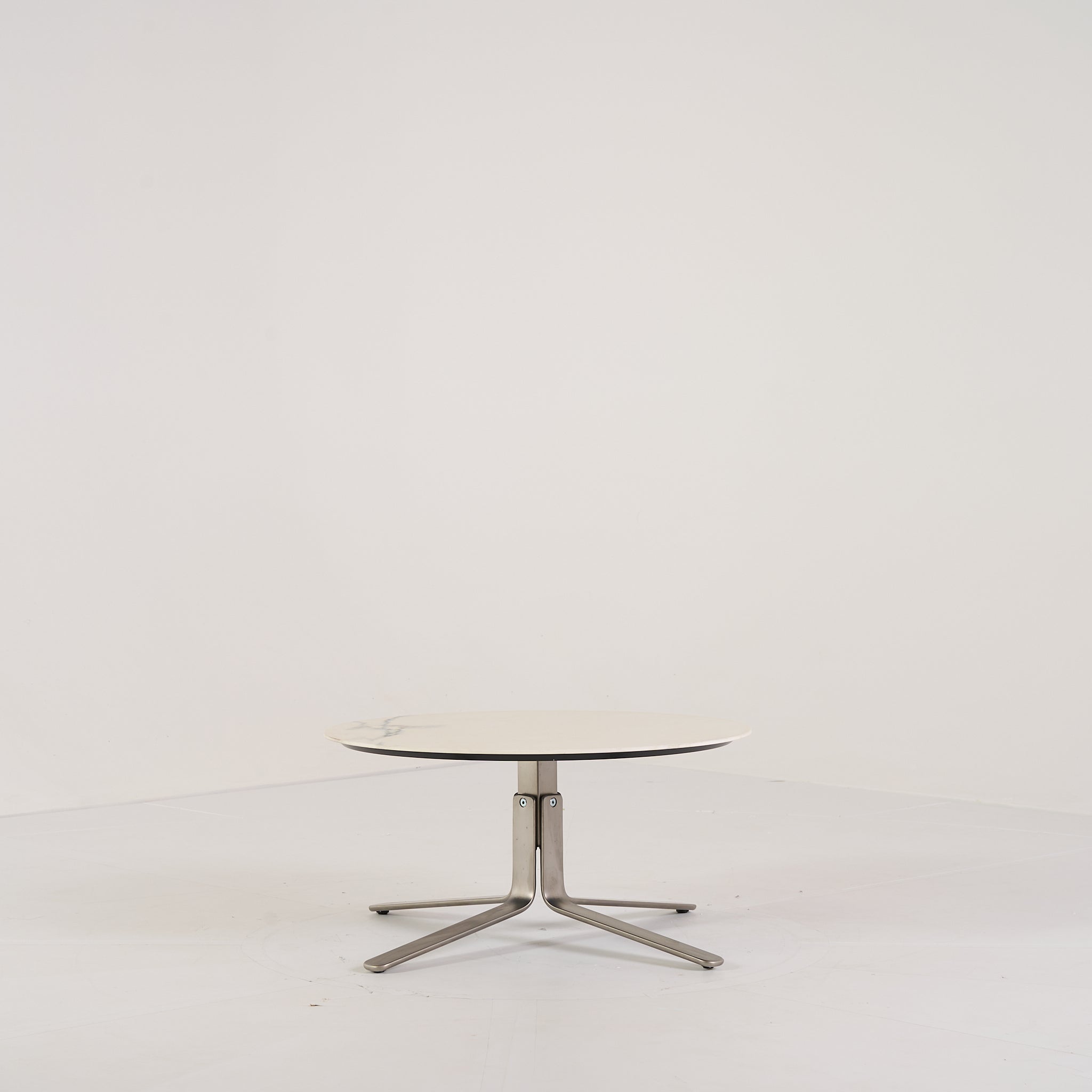 MOA Low Table by Ligne Roset in Chromed Base, White Marble-Effect Stoneware | Floor Sample – Very Good | Shop Now | MO-LIR-19501200-1157-Hero Image-3